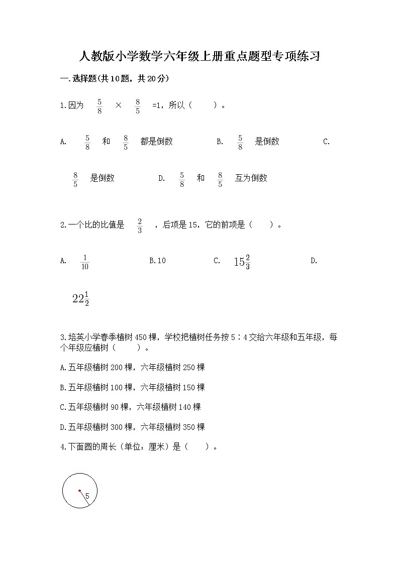 人教版小学数学六年级上册重点题型专项练习含答案01