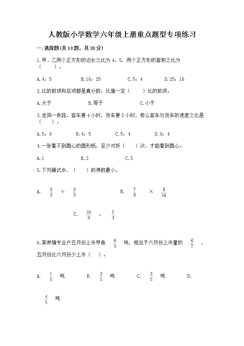 人教版小学数学六年级上册重点题型专项练习精品【夺冠系列】01