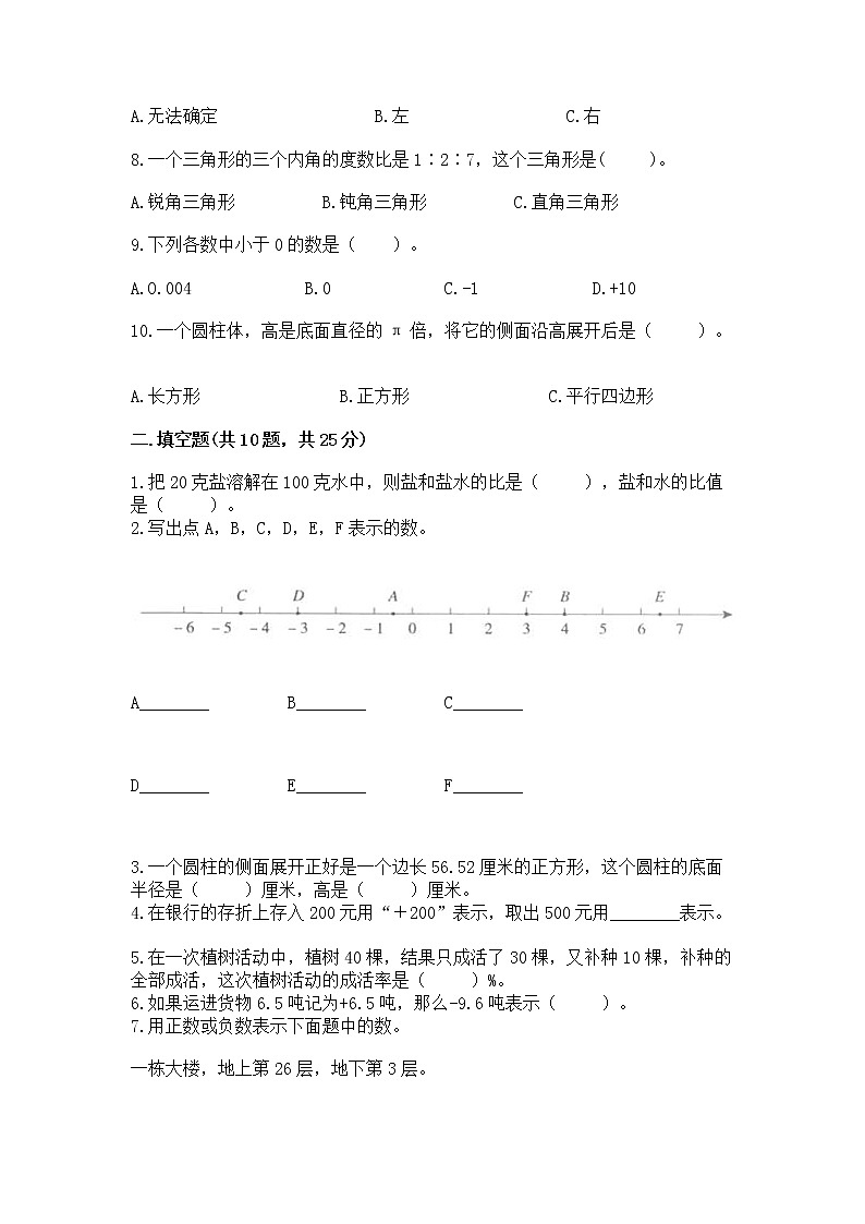 小学数学六年级下册重点题型专项练习带答案（达标题）02