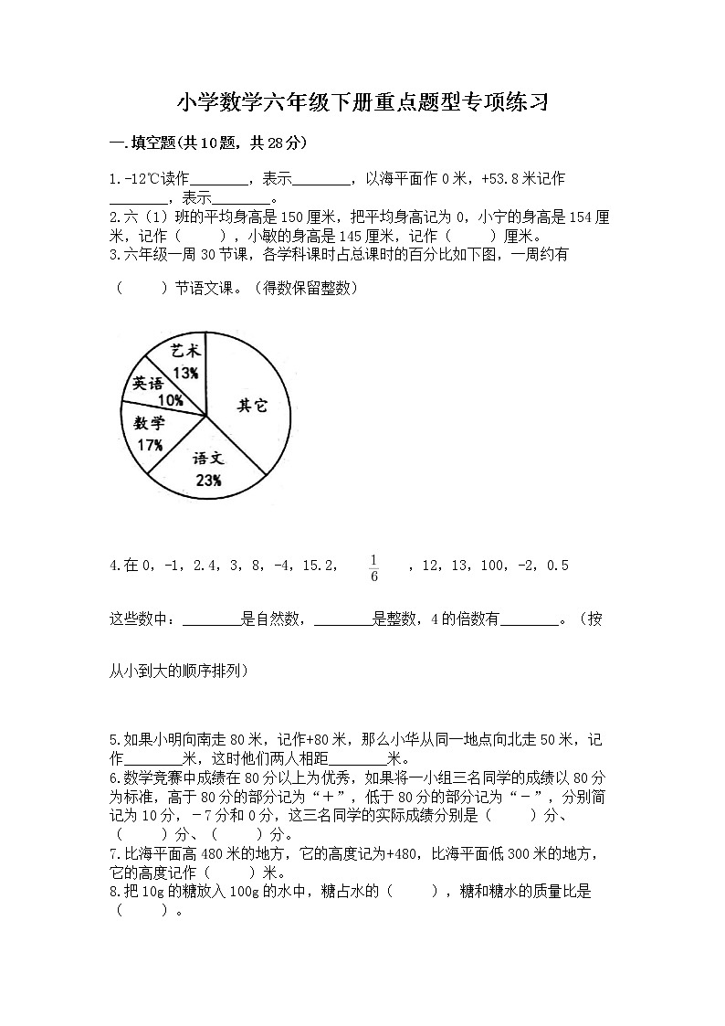 小学数学六年级下册重点题型专项练习word版01