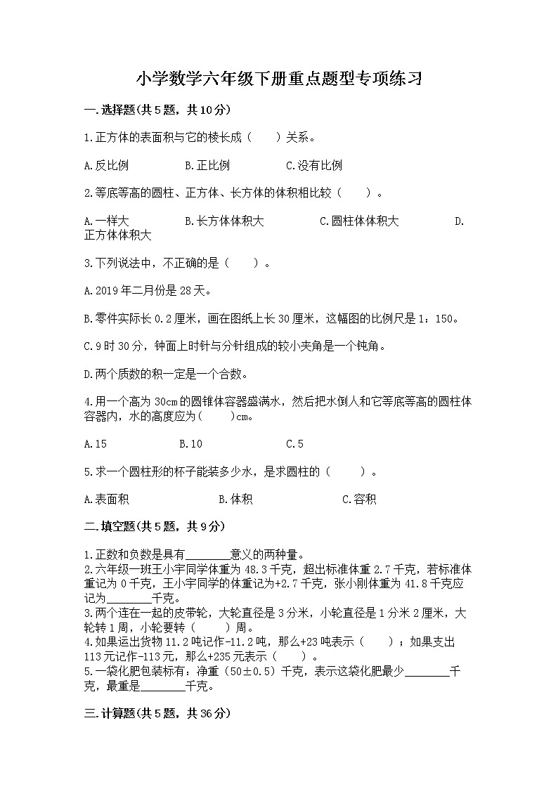 小学数学六年级下册重点题型专项练习带完整答案【典优】01