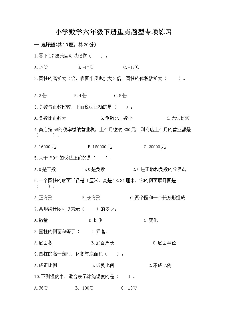 小学数学六年级下册重点题型专项练习带答案第1页