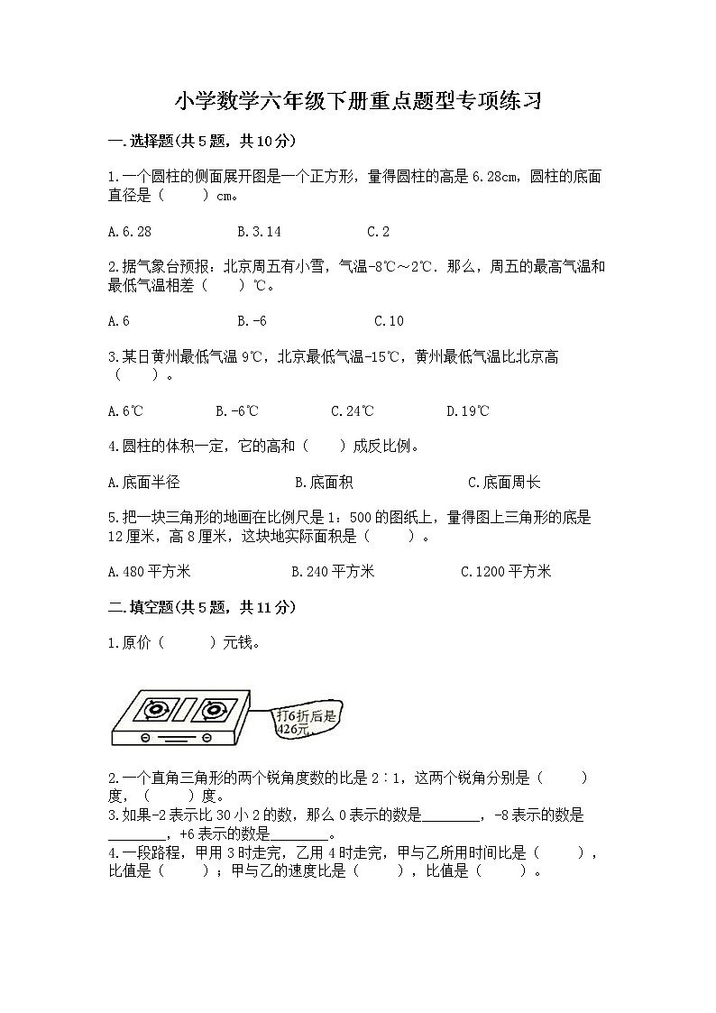 小学数学六年级下册重点题型专项练习含完整答案01