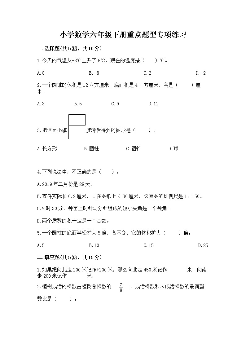 小学数学六年级下册重点题型专项练习及完整答案（典优）第1页
