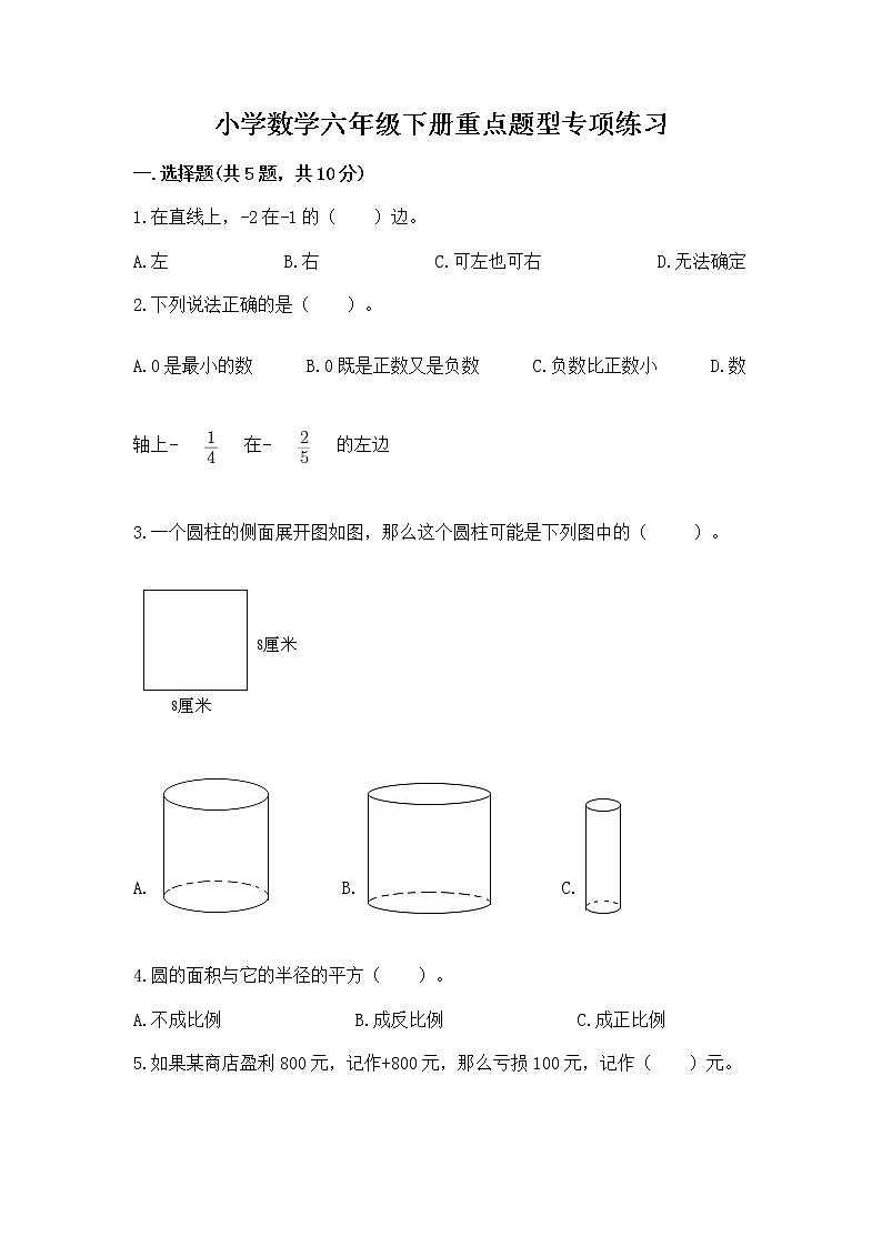 小学数学六年级下册重点题型专项练习含完整答案第1页