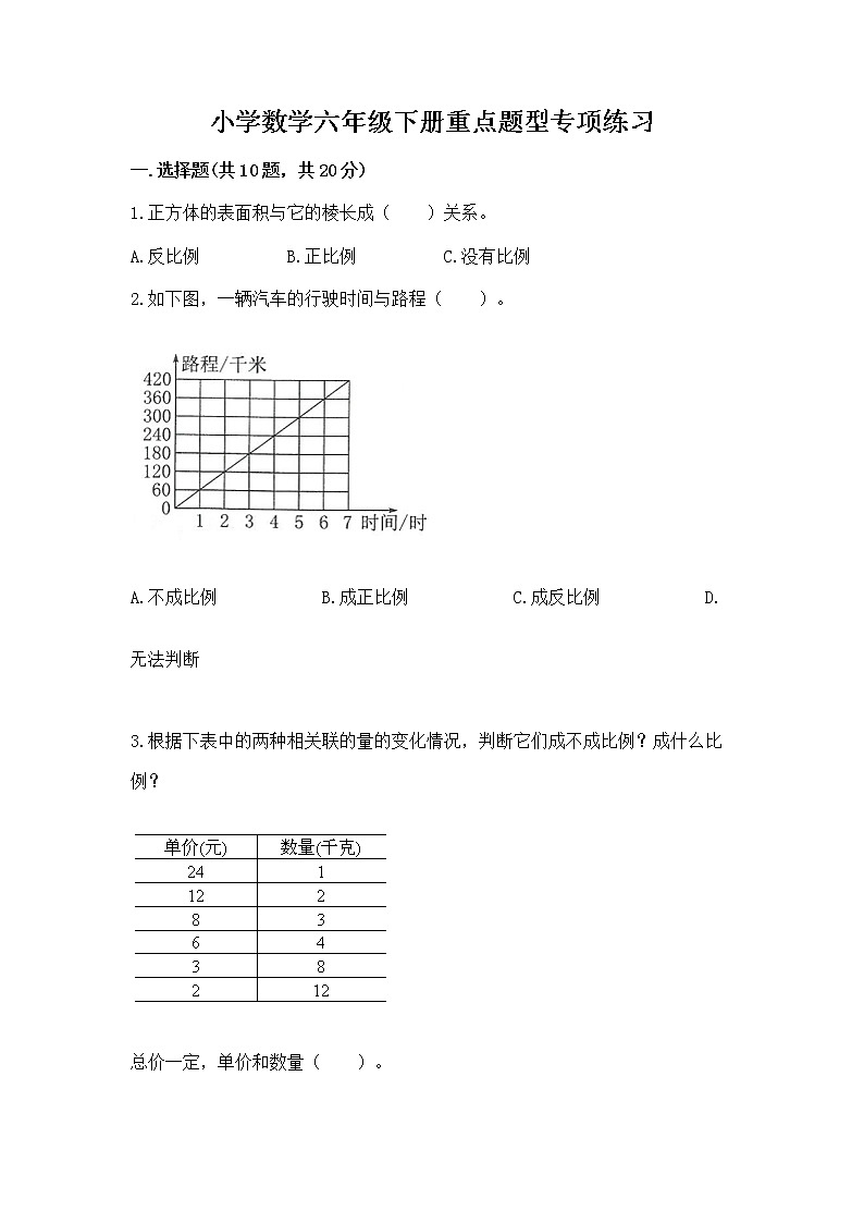 小学数学六年级下册重点题型专项练习及答案01