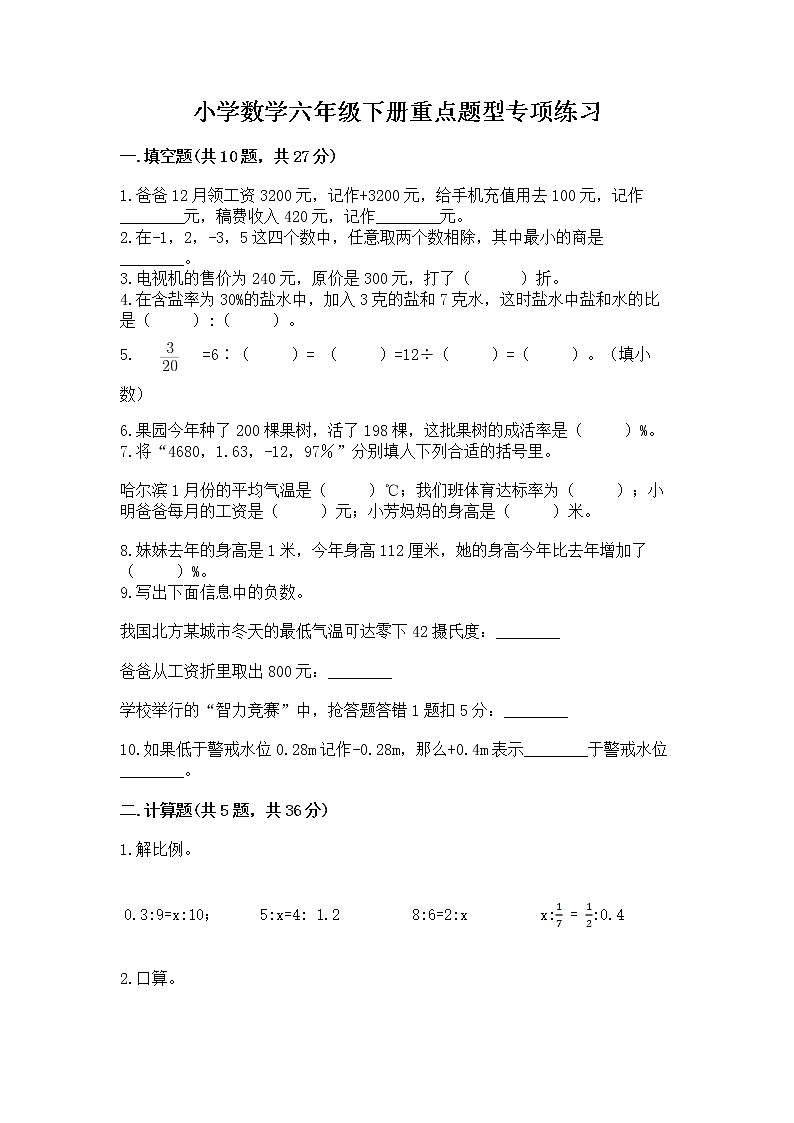 小学数学六年级下册重点题型专项练习第1页