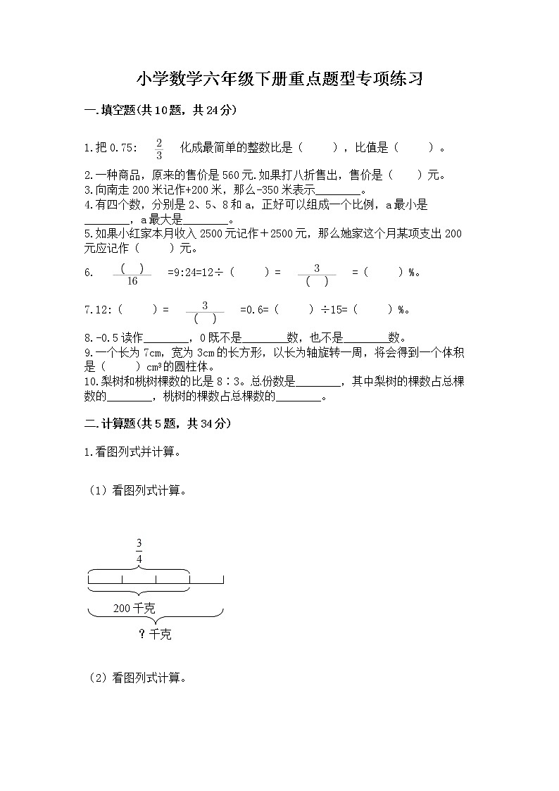 小学数学六年级下册重点题型专项练习加答案（精练）01