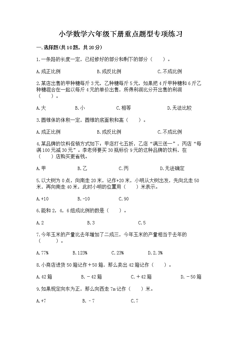 小学数学六年级下册重点题型专项练习（考点精练）01