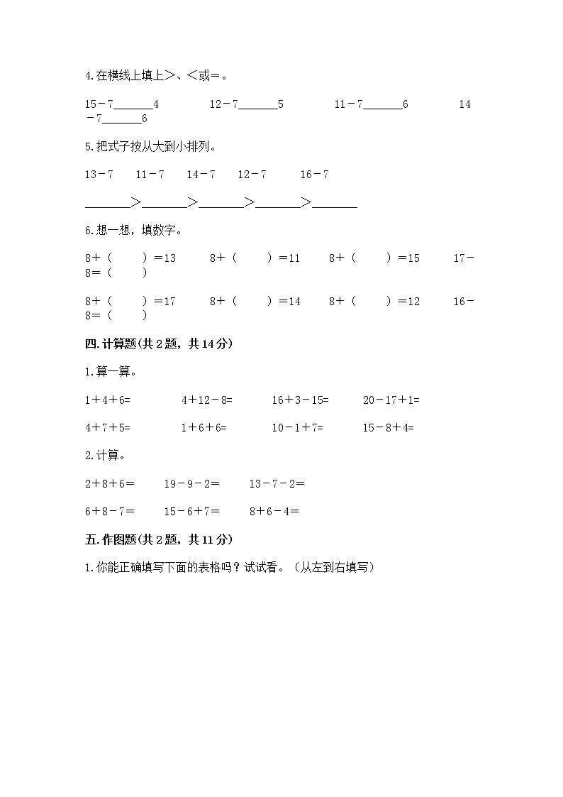苏教版一年级下册数学第一单元 20以内的退位减法 测试卷可打印第3页