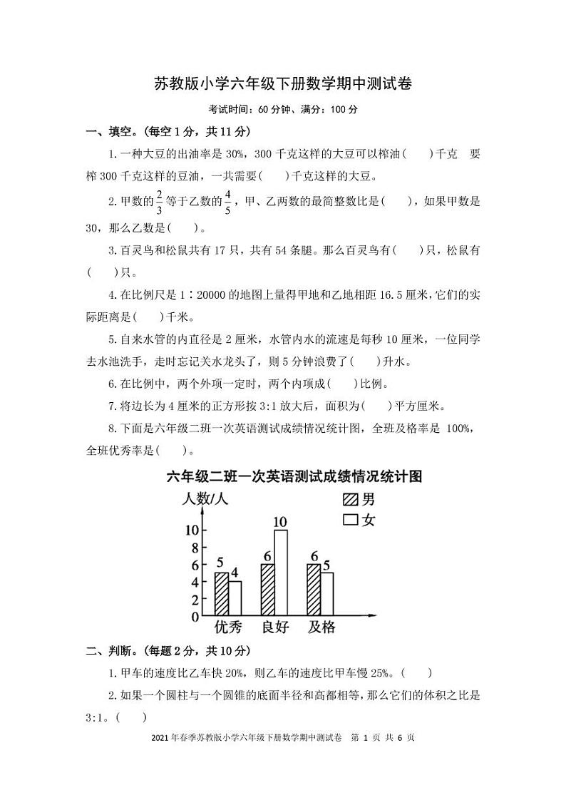 2021年春季苏教版小学六年级下册数学期中测试卷 PDF 含答案01
