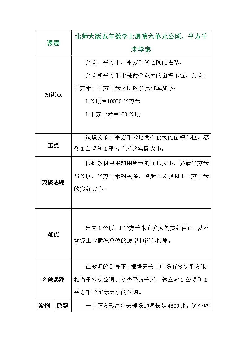 北师大版五年数学上册第六单元公顷、平方千米学案01