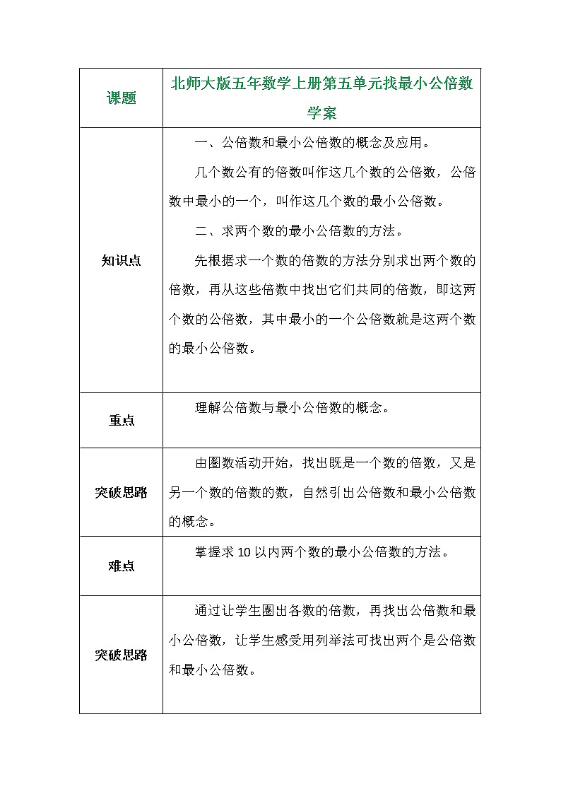 北师大版五年数学上册第五单元找最小公倍数学案第1页