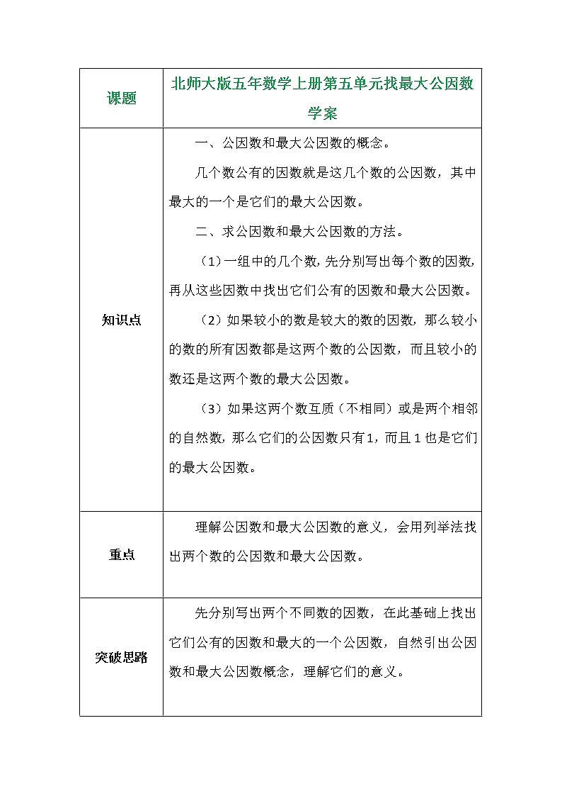 北师大版五年数学上册第五单元找最大公因数学案01