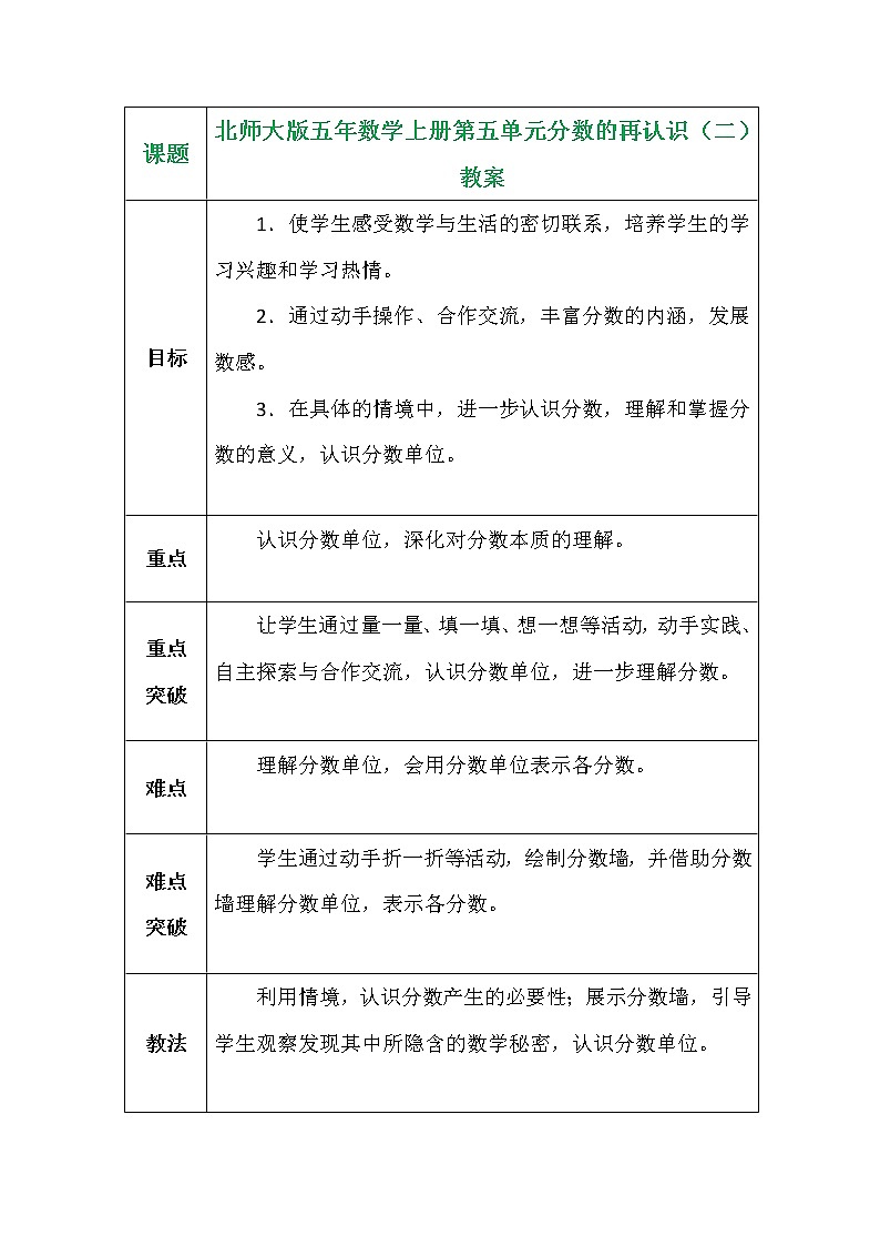 北师大版五年数学上册第五单元分数的再认识（二）教案第1页