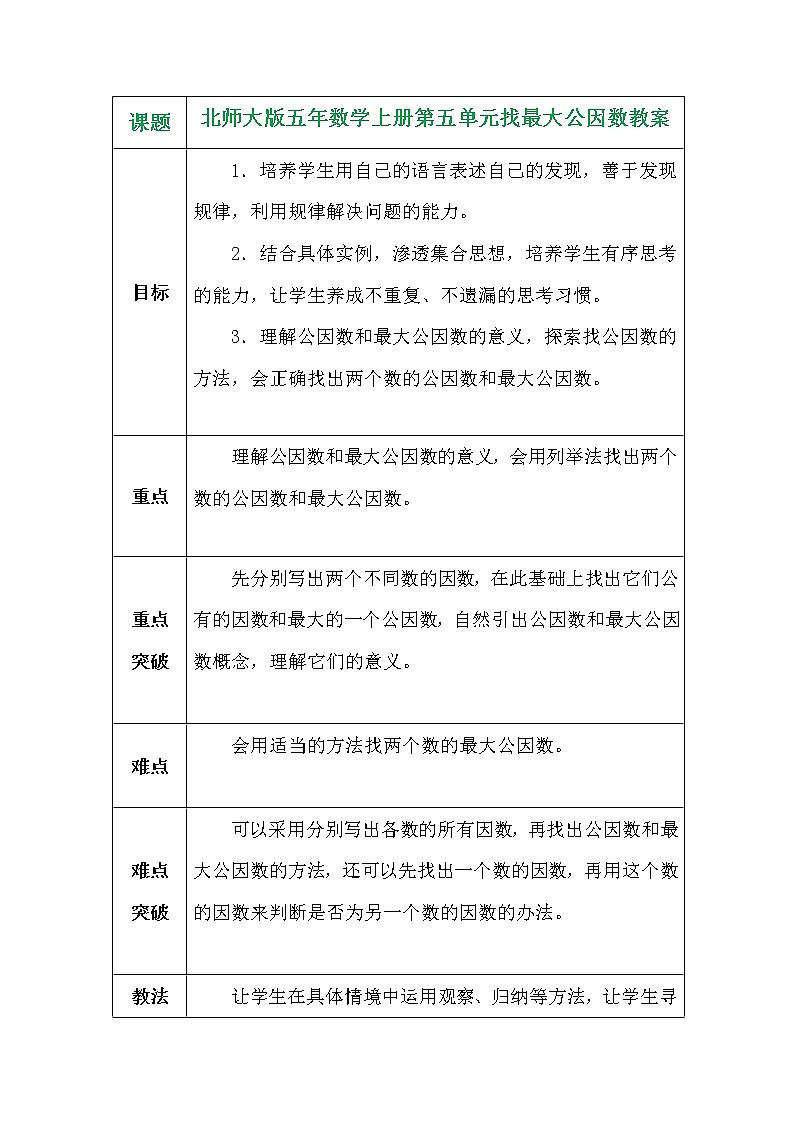 北师大版五年数学上册第五单元找最大公因数教案第1页