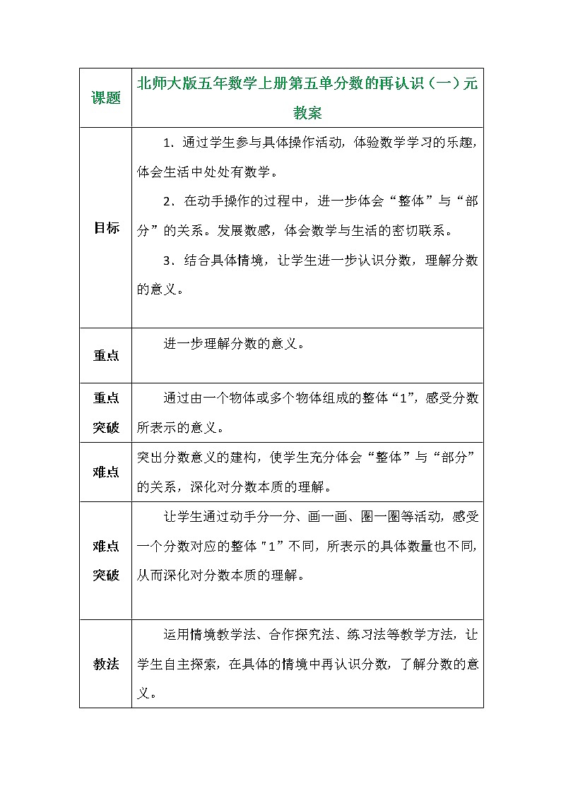 北师大版五年数学上册第五单分数的再认识（一）元教案第1页