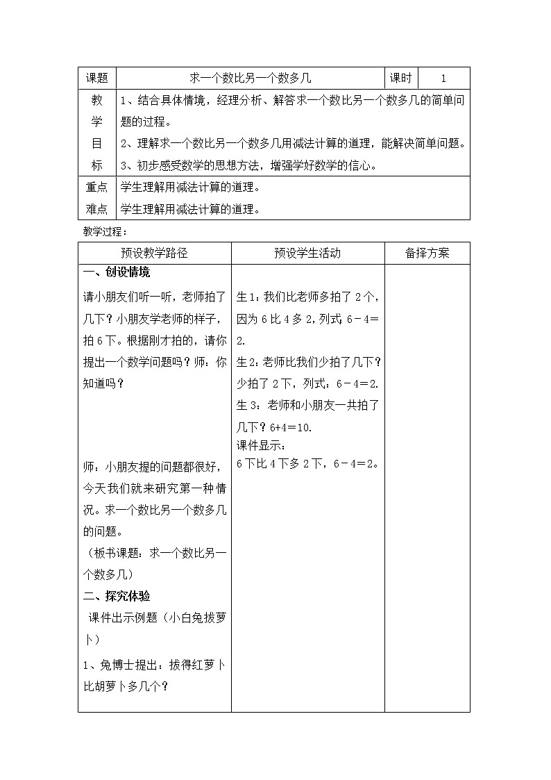 一年级下册数学教案-5.4.4 求一个数比另一个数多几｜冀教版 (1)第1页