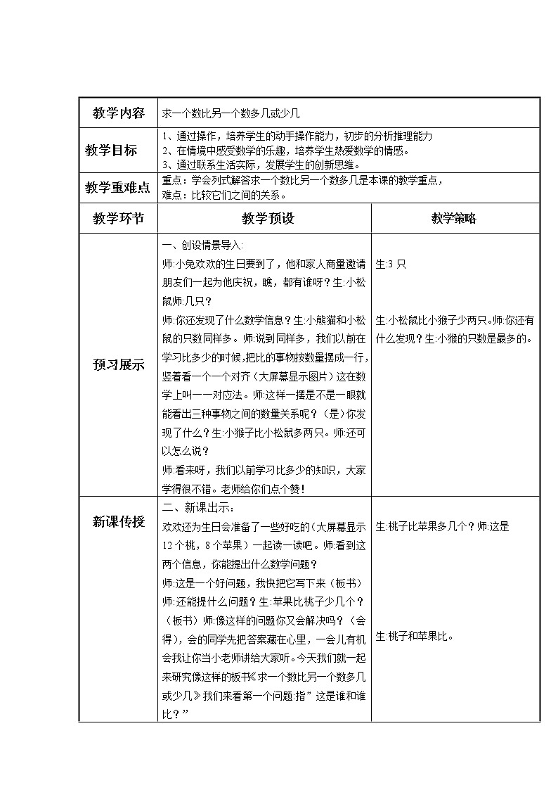 一年级下册数学教案-5.4.4 求一个数比另一个数多几或少几｜冀教版01