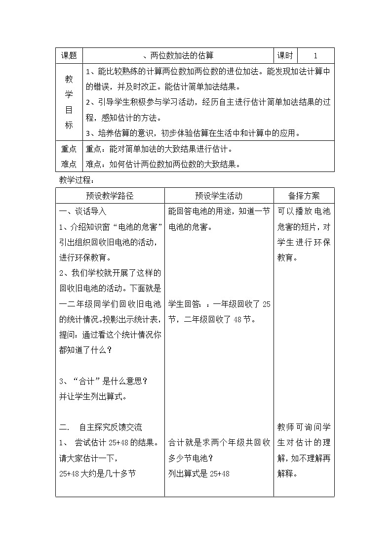 一年级下册数学教案-7.1.3 两位数加法的估算｜冀教版第1页