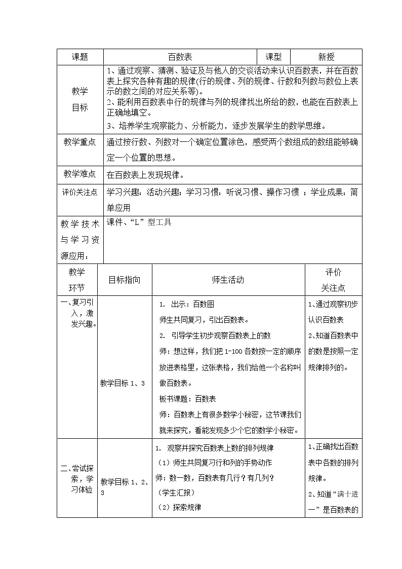 一年级下册数学教案-6.1   百数表  ▏沪教版01