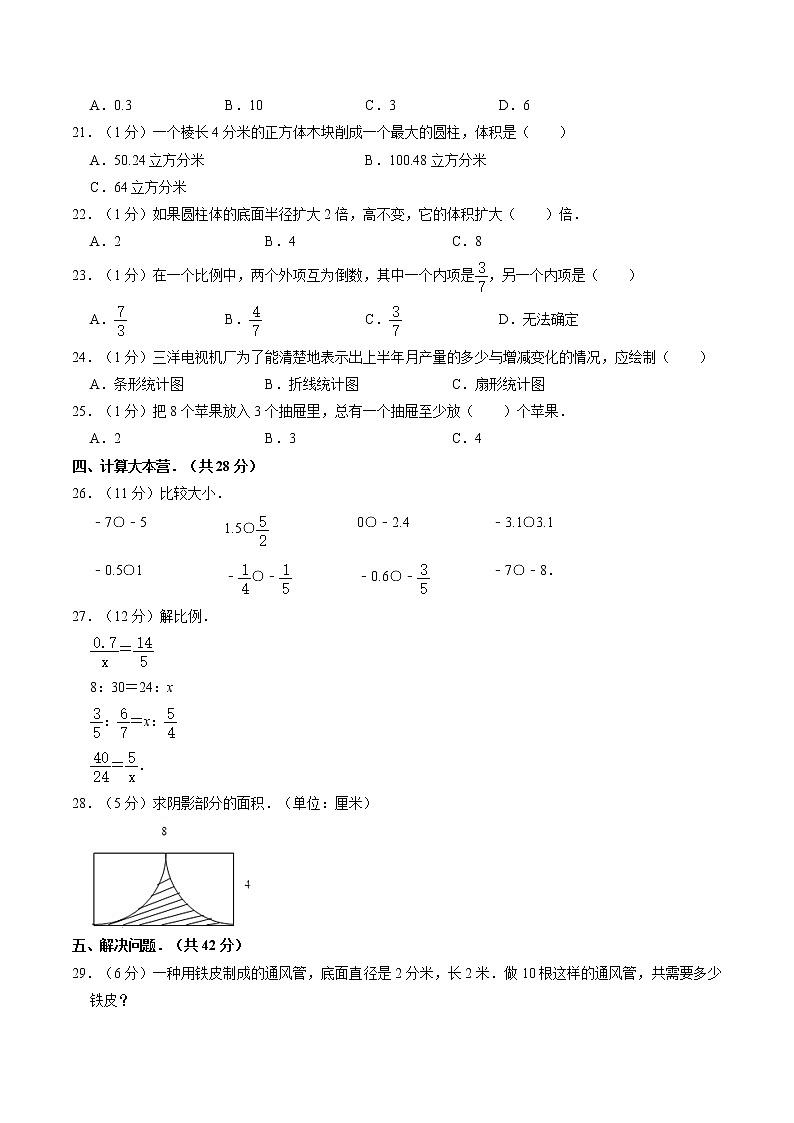人教版六年级下册数学 小升初模拟（试题）3第2页