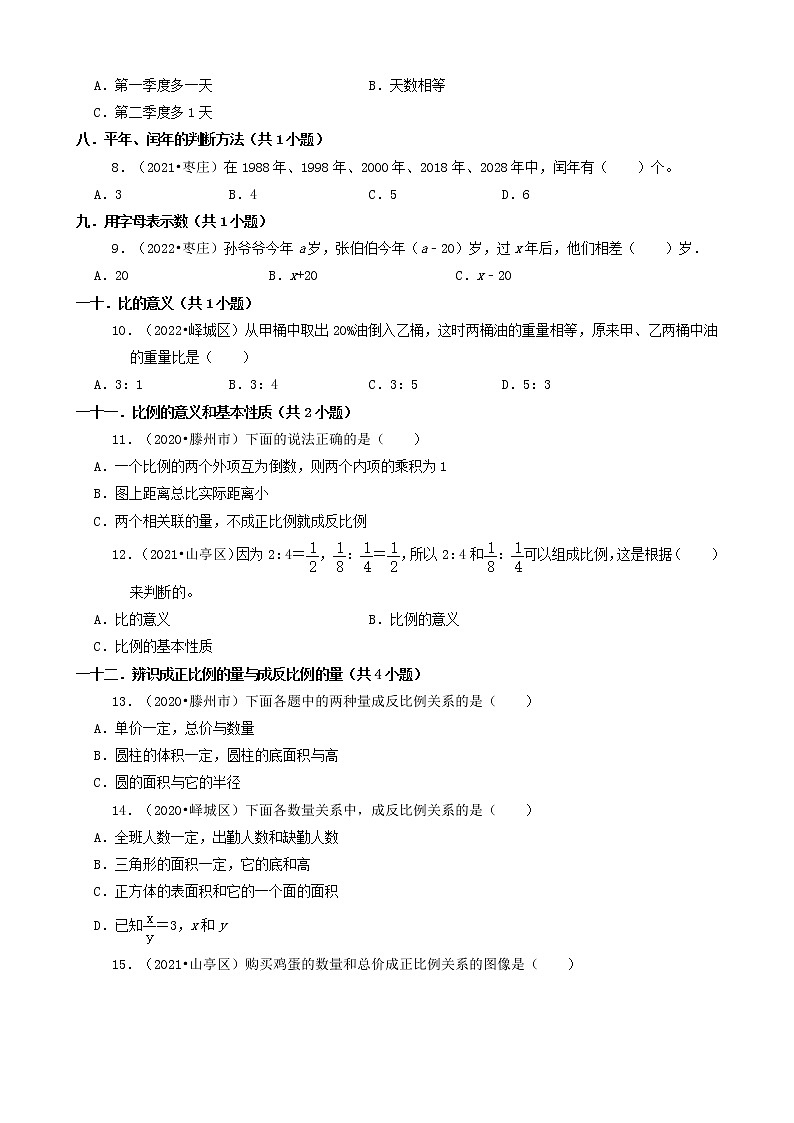 山东省枣庄市三年（2020-2022）小升初数学卷真题分题型分层汇编-01选择题（基础题）02