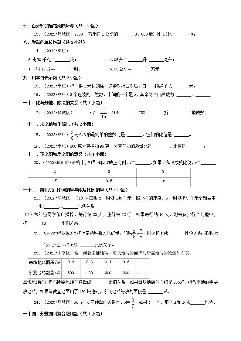 山东省枣庄市三年（2020-2022）小升初数学卷真题分题型分层汇编-03填空题（基础题）第2页