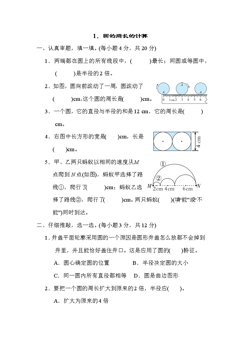 北师大版六年级数学上册期末复习知识核心考点---1．圆的周长的计算 试卷01