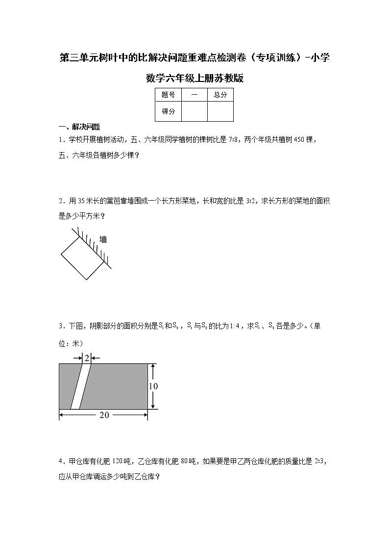 第三单元树叶中的比解决问题重难点检测卷（专项训练）-小学数学六年级上册苏教版01
