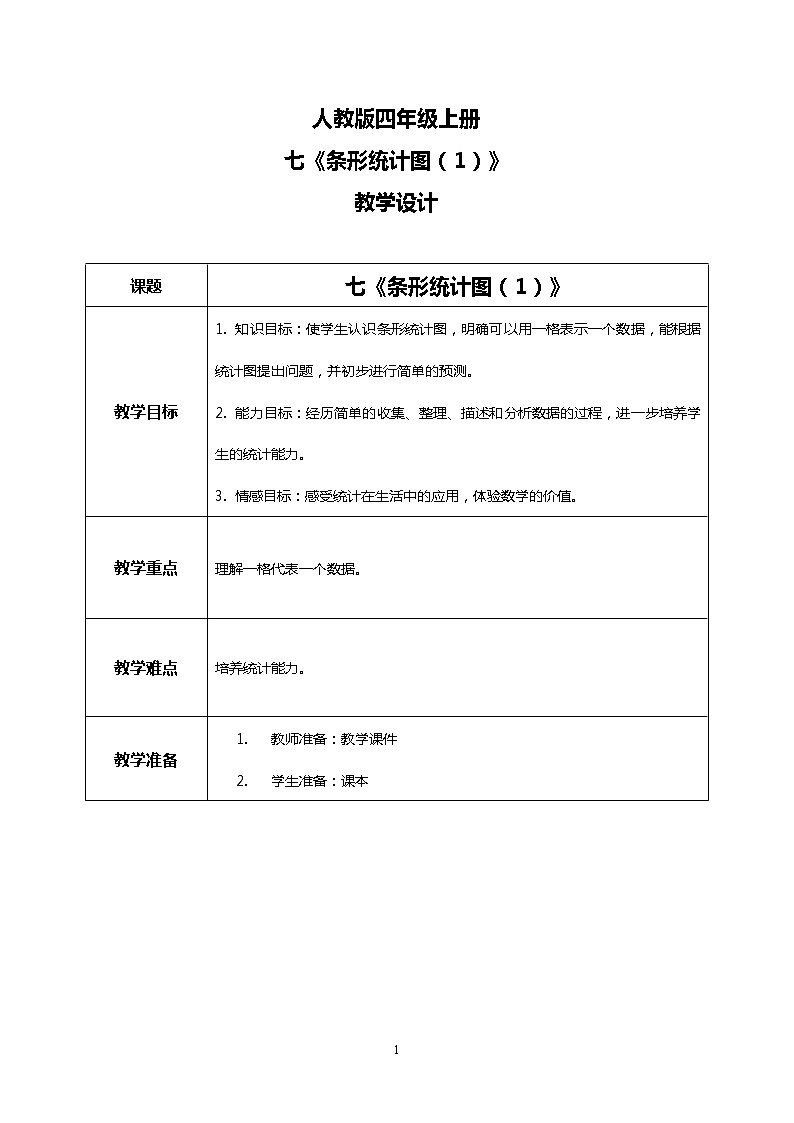 人教版小学数学四年级上册7.1《条形统计图（1）》PPT课件+教学设计+同步练习01