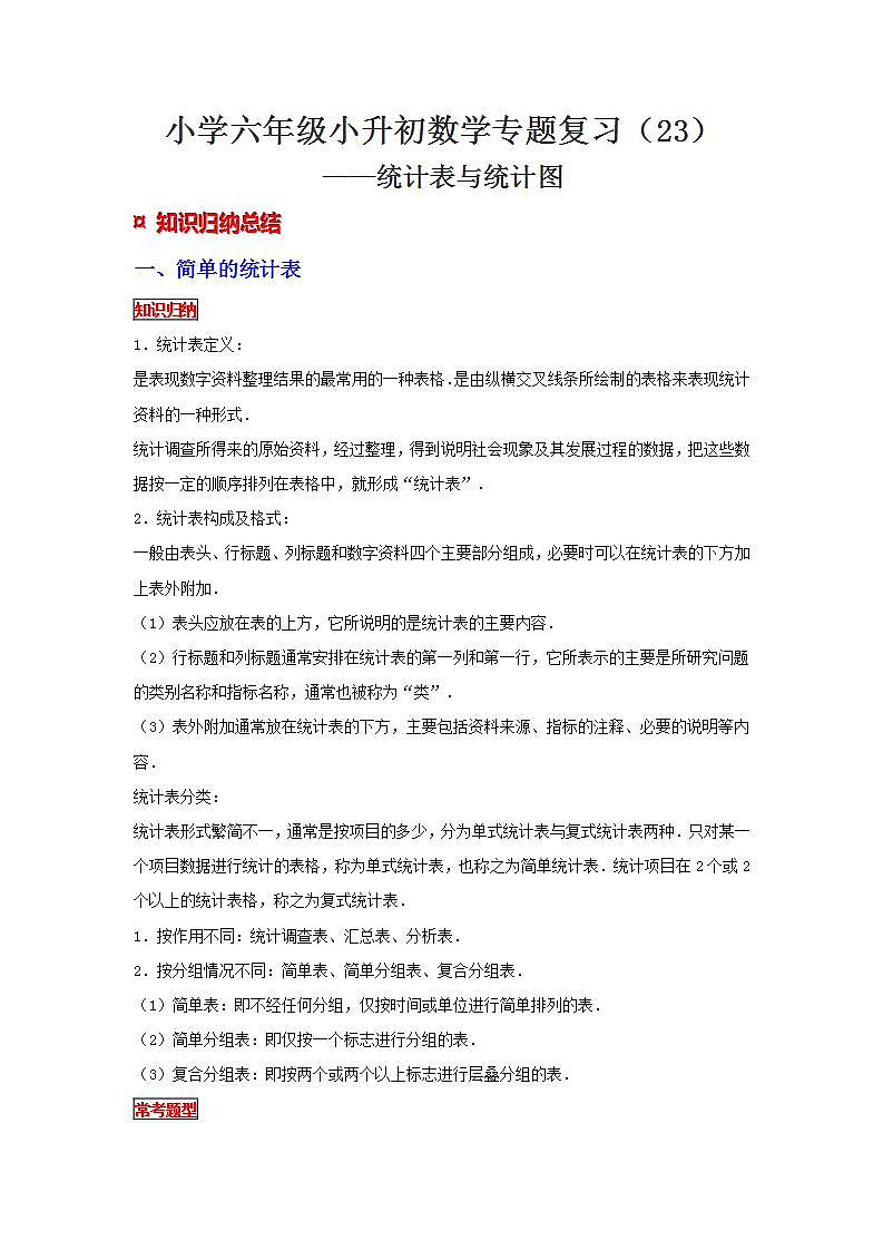 【专项复习】通用版小升初数学专题复习（23）统计表与统计图（知识归纳+典例精析+拔高训练）第1页