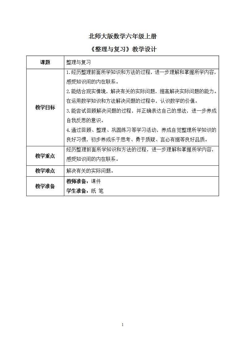 北师大数学六上《整理与复习》课件PPT+教案01