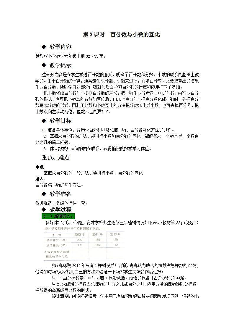 冀教版6上数学 3.3 小数和百分数的互化 教案第1页