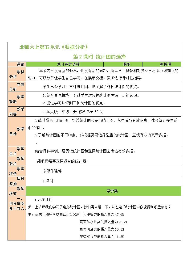 北师大版6上数学第五单元第2课时 统计图的选择教案01