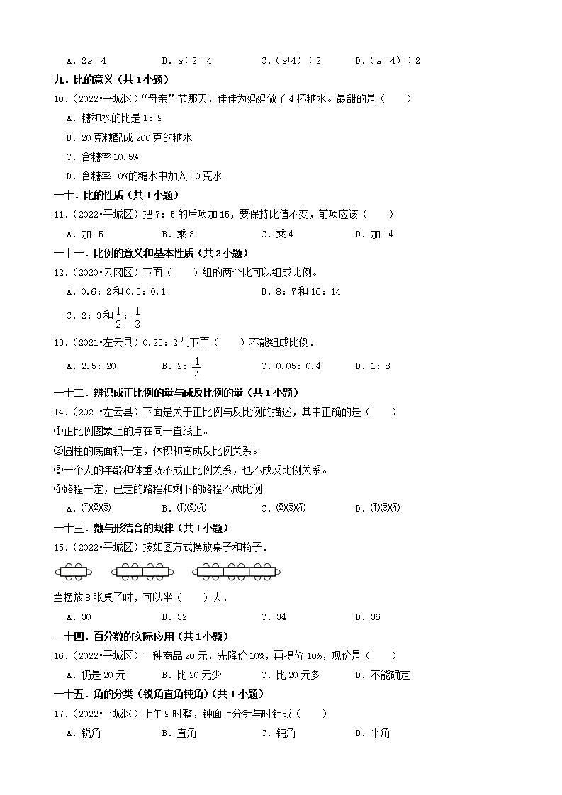 山西省大同市三年（2020-2022）小升初数学卷真题分题型分层汇编-01选择题（基础题）(苏教版)02