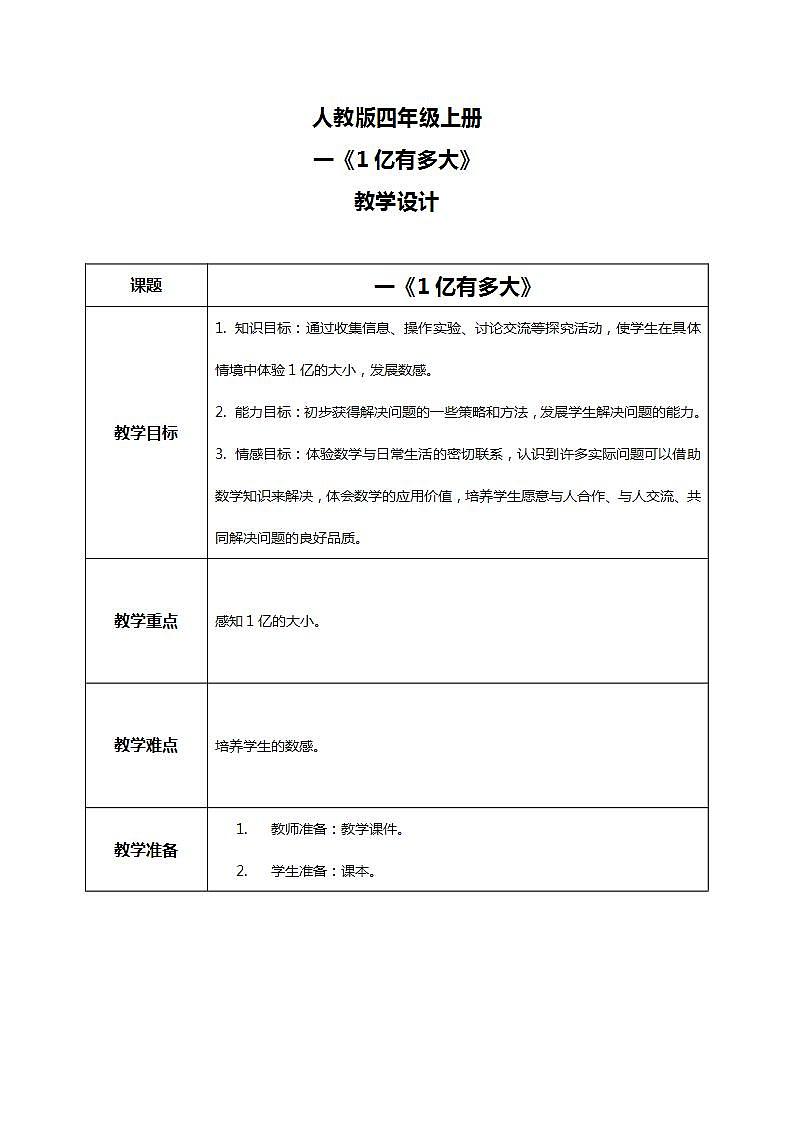 人教版小学数学四年级上册《1亿有多大》PPT课件+教学设计+同步练习01