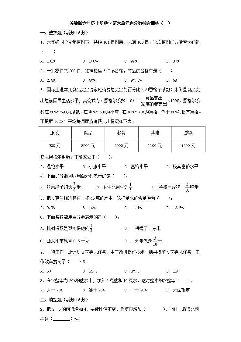 苏教版六年级上册数学第六单元百分数综合训练（二）第1页