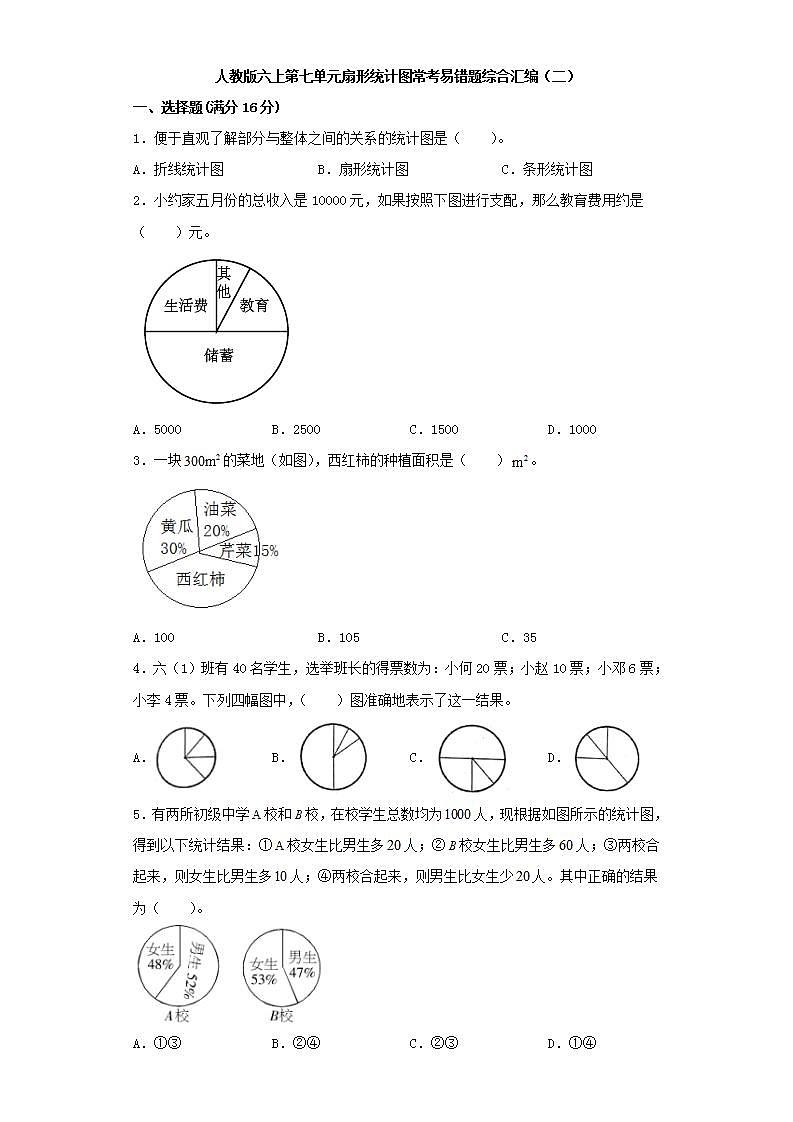 人教版六上第七单元扇形统计图常考易错题综合汇编（二）(word版，含答案)第1页