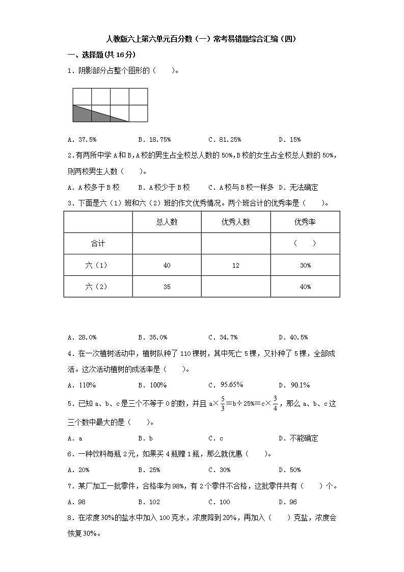 人教版六上第六单元百分数（一）常考易错题综合汇编（四）(word版，含答案)01