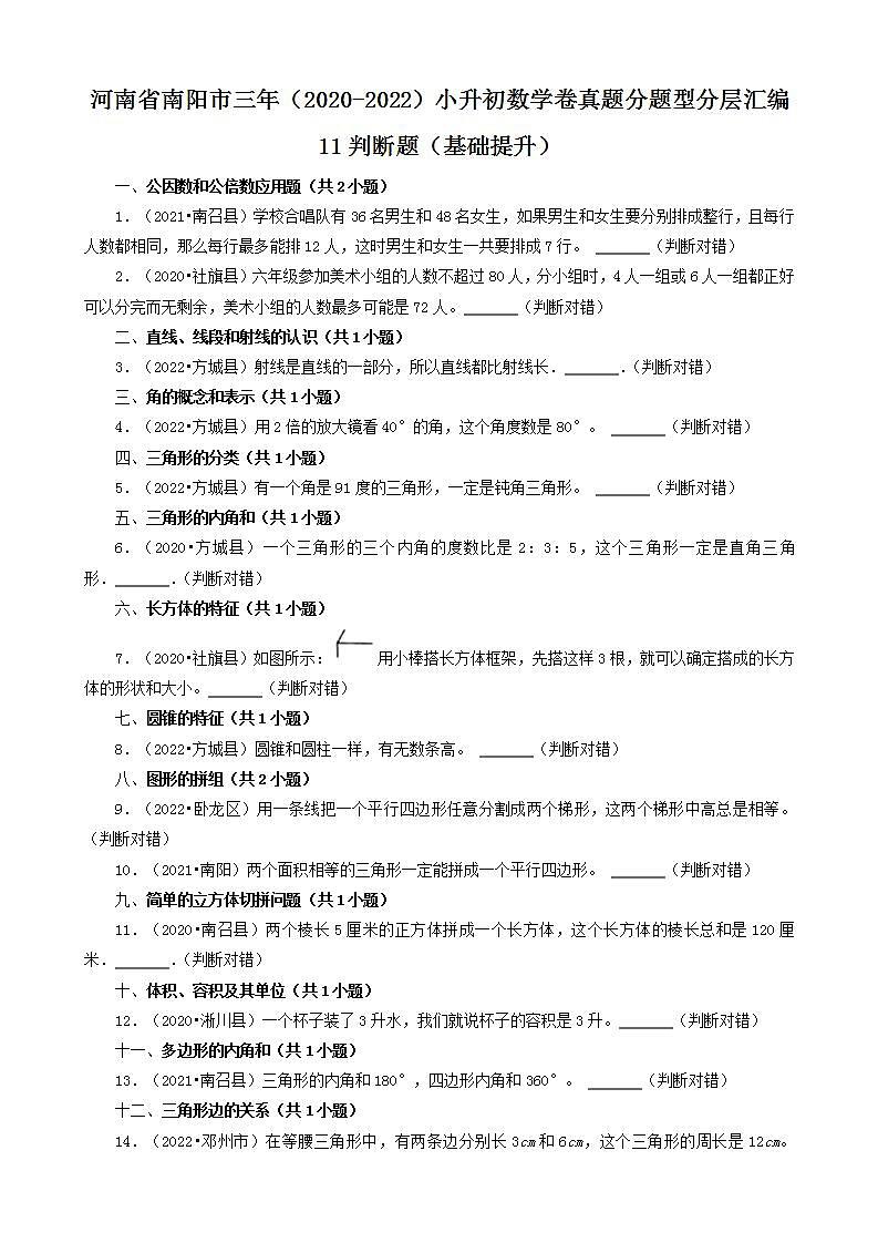 河南省南阳市三年（2020-2022）小升初数学卷真题分题型分层汇编-11判断题（基础提升）(人教版)01