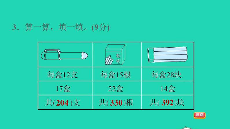 2022三年级数学下册第4单元两位数乘两位数阶段小达标7课件新人教版第6页