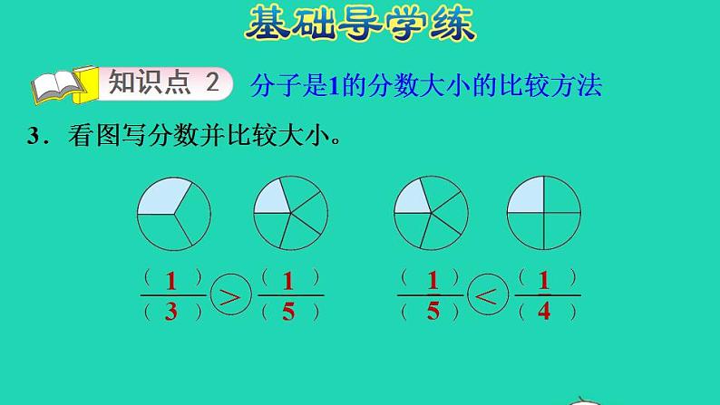 2022三年级数学下册第6单元认识分数第3课时比大小同分母或同分子分数的大小比较习题课件北师大版05