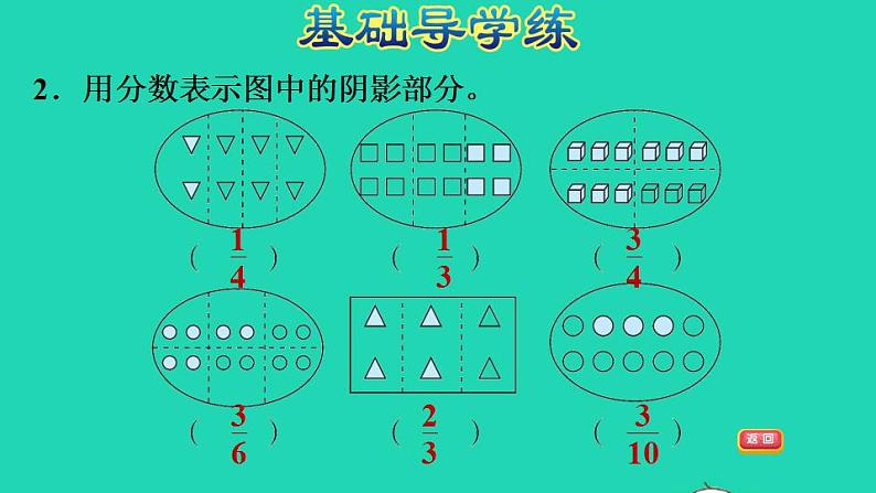 2022三年级数学下册第6单元认识分数第2课时分一分二多个物体或图形作为整体的分数认识习题课件北师大版04