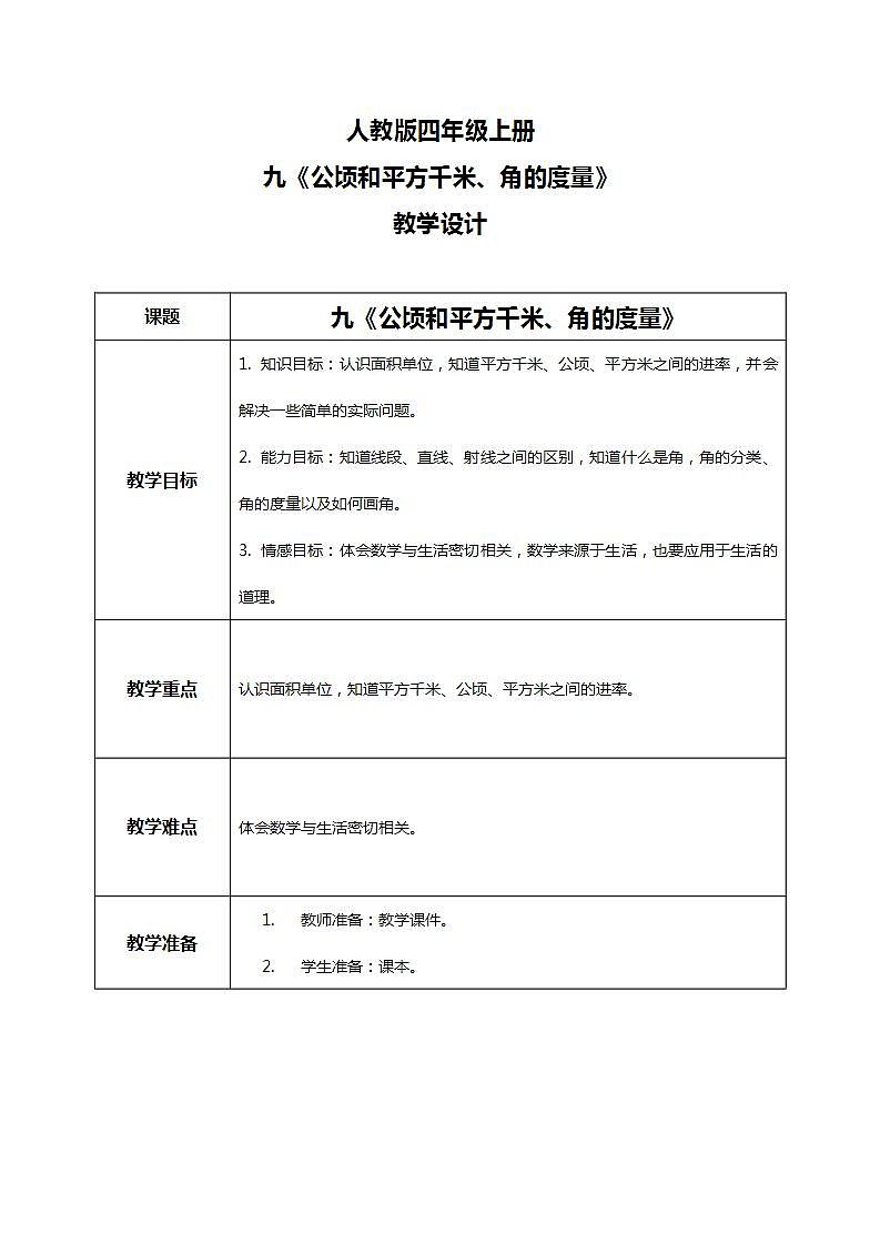 人教版小学数学四年级上册9.3《公顷和平方千米、角的度量》PPT课件+教学设计+同步练习01
