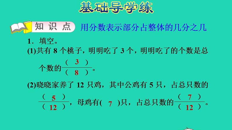 2022四年级数学下册第5单元分数的意义和认识第3课时用分数表示部分占整体的几分之几习题课件冀教版第3页