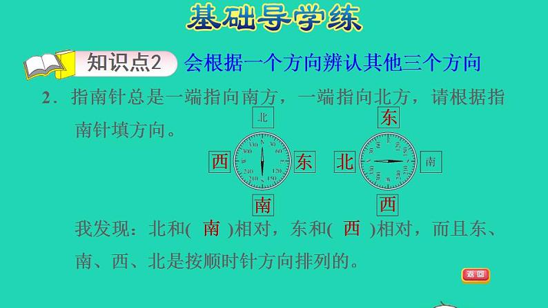 2022三年级数学下册第3单元辨认方向第1课时认识东南西北一认识自然中的东南西北习题课件冀教版04