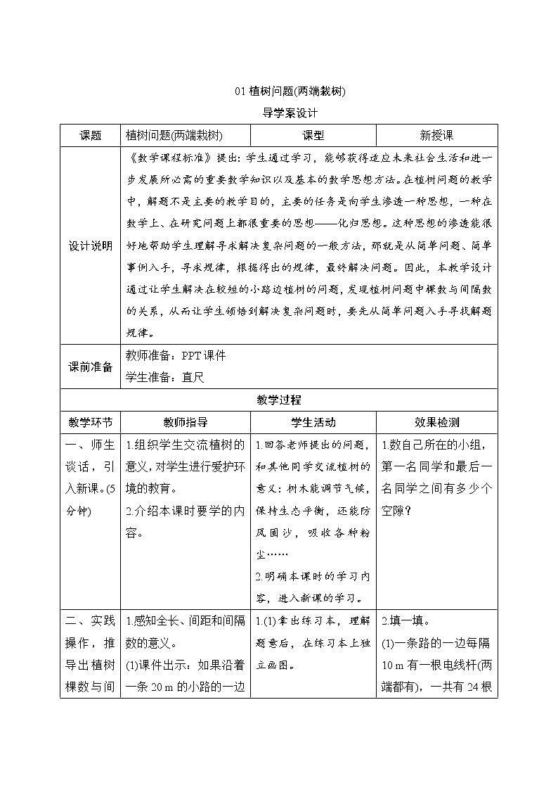 7.1《植树问题(两端都栽)》导学案设计01