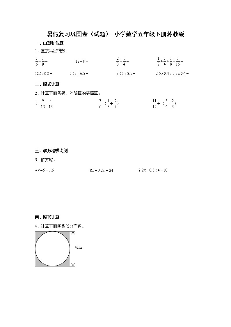 暑假复习巩固卷（试题）-小学数学五年级下册苏教版01
