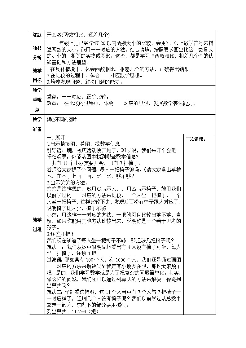 小学数学 1下 第1单元 第4课开会啦(两数相比，还差几个)教学设计第1页